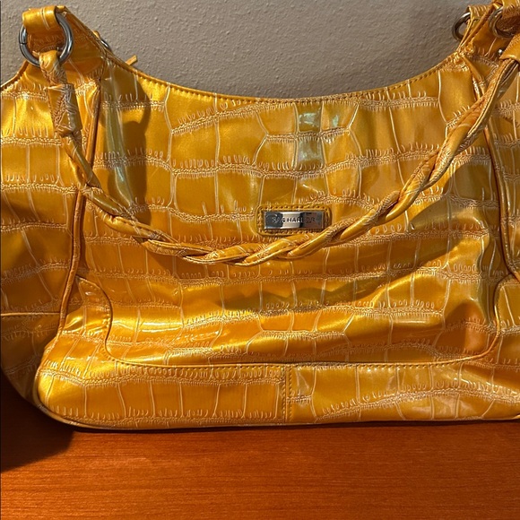 Sag Harbor Faux Croc Embossed Gold Shoulder Bag With Braided Handles - Picture 1 of 11